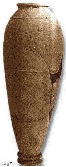 Iry Hor: wine jar from Abydos B)
in Univ. College (16089) after van den Brink
op. cit. 1996 pl. 31 (Type IVa) digitally colored