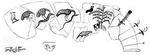 Painting on a bowl from Qustul
A-group cemetary L (tomb L23);
initially date to Nagada IIIa, the
largest tombs of the cemetary
(also L11, L24, L19) must instead
date to Nagada IIIb, thus Dynasty 0
(Drawing by F. Raffaele after B.
Williams 1986 pl. 84-85 bowl